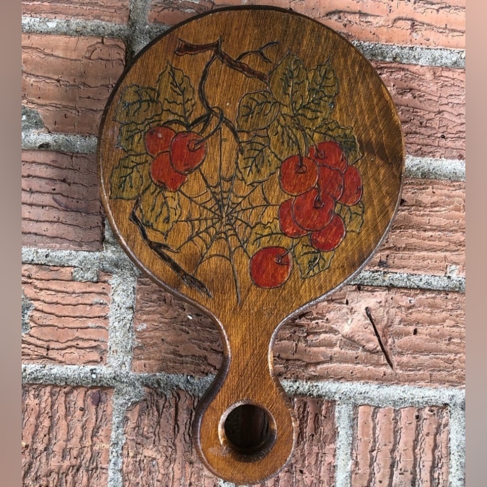 Wood Handheld Vanity Mirror Handmade Pyrography Red Cherry Branches & Spider Web